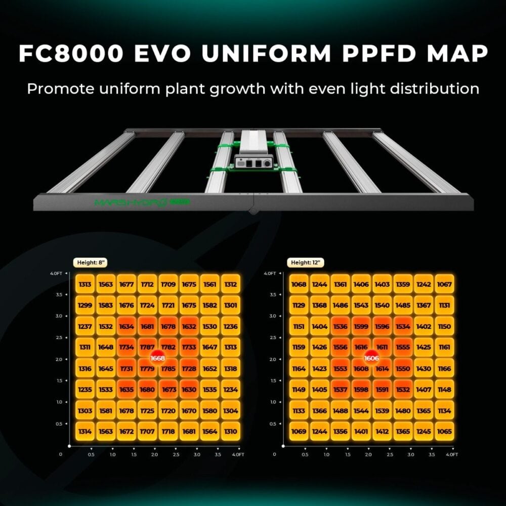 Mars Hydro FC8000 EVO PPFD Haritası - Botanik Led Mars Hydro FC8000 EVO PPFD haritası ve ışık dağılımı