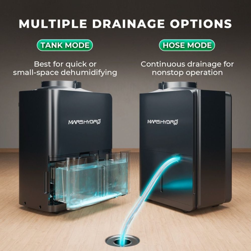 Mars Hydro nem alma cihazı tank modu ve hortum modu ile çift drenaj seçeneği