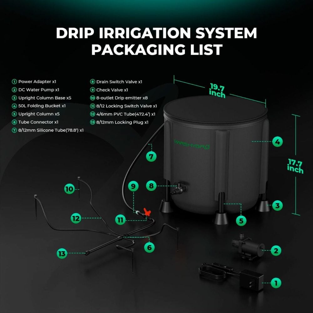 Mars Hydro otomatik damlama sulama sistemi paket içeriği 50L tank pompa hortum vana ve 8 sulama başlığı