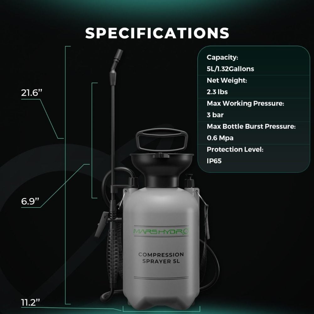 Mars Hydro 5L basınçlı pompalı bitki püskürtücü teknik özellikleri 3 bar basınç ve IP65 koruma